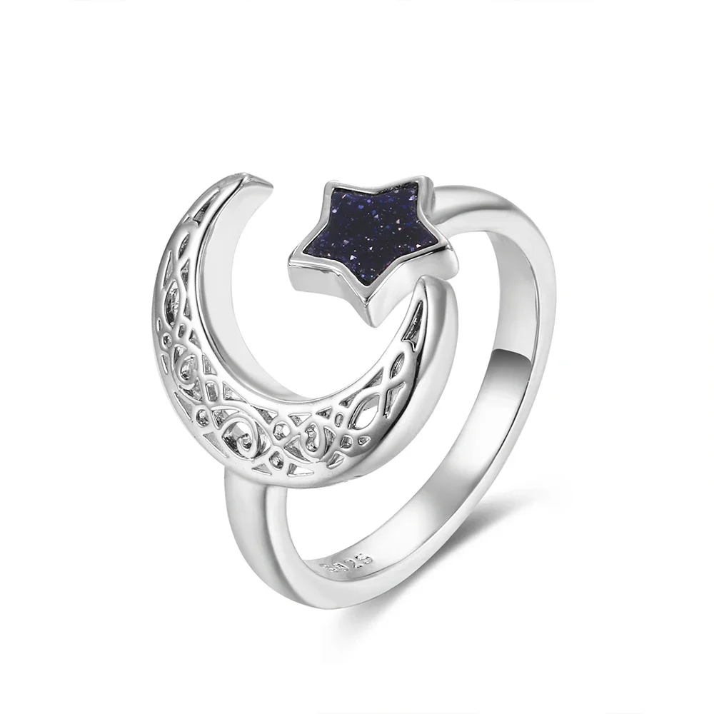

New Celestial Blue Sand Stone Sparkling Moon Star Female Ring Stylish Adjustable Finger Party Jewelry Gifts