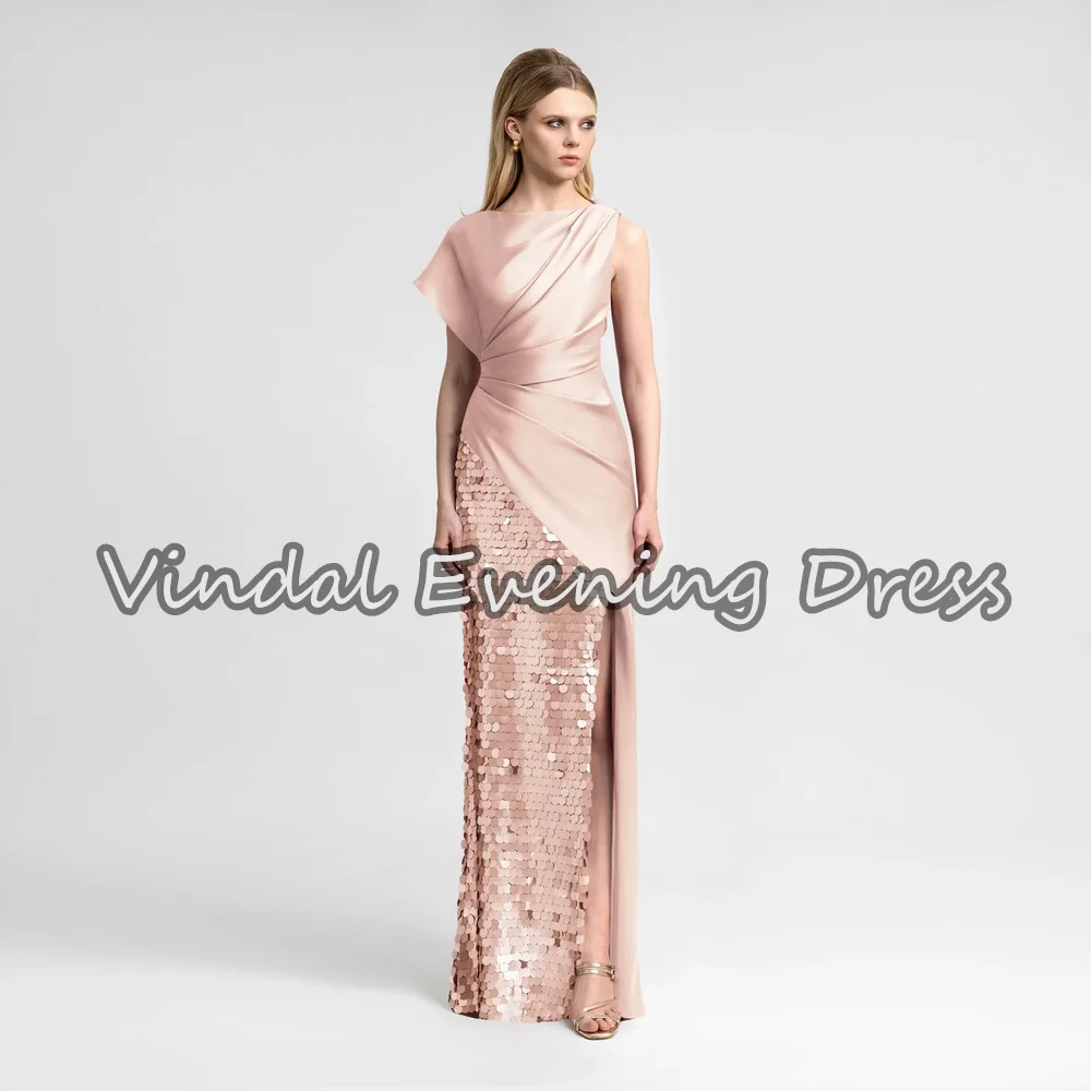 

Vindal Satin Straight One-shoulder Neckline Sequins Pleats Floor Length Simple Saudi Arab Evening Party Dresses For Women 2025
