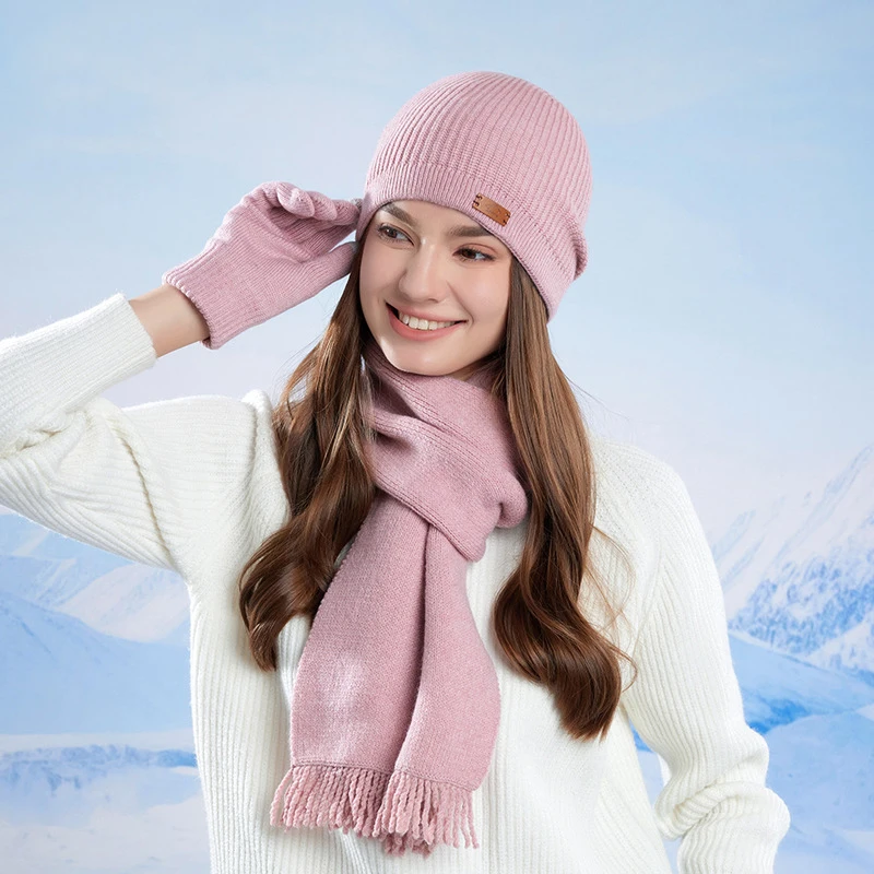 Frauen halten warme Strickmütze Set Winter winddicht weibliche Skullies Mützen dicke Hüte Skimütze mit Quastenschal und Handschuhen