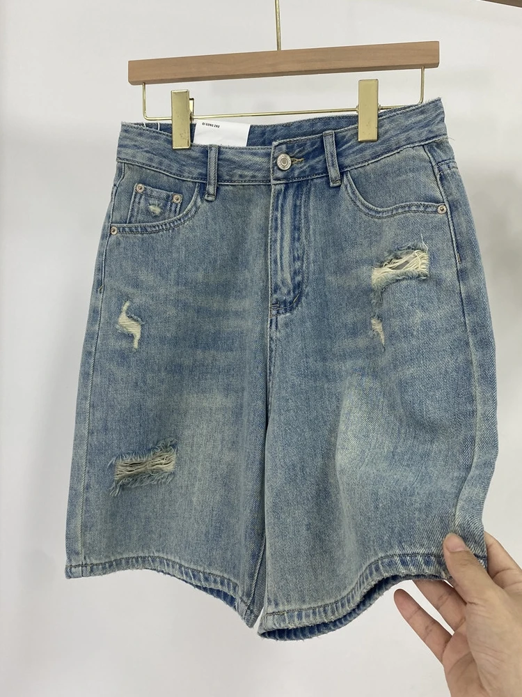 Summer Women Retro Denim Shorts High Waist Hole Ripped Loose Straight Short Pants Versatile Casual Half Pants Female Streetwear