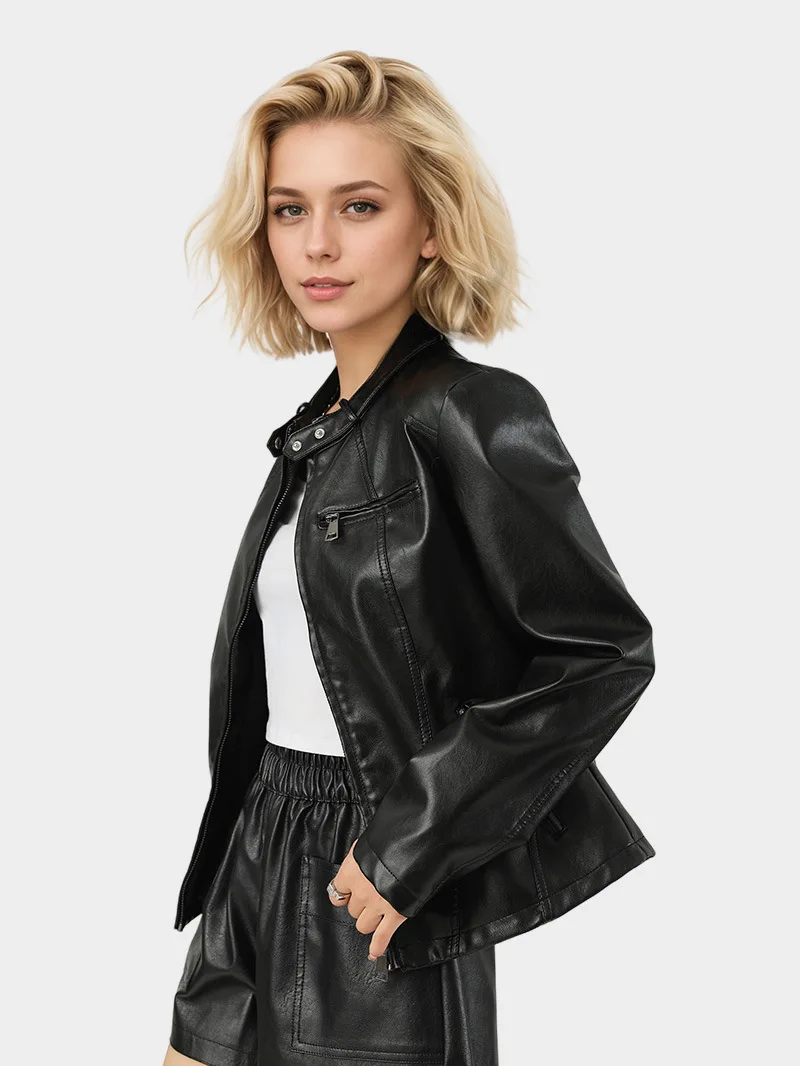 Chaqueta de cuero PU negra a la moda para mujer, abrigo corto con cuello redondo y manga larga con cremallera, prendas de vestir exteriores ajustadas para oficina para otoño