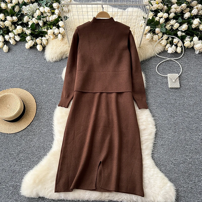 Autumn Winter Sweater Dress Two Piece Set Women's Versatile Knitted Vest Female Button Knit Vest Cover+slimming High Neck Dress