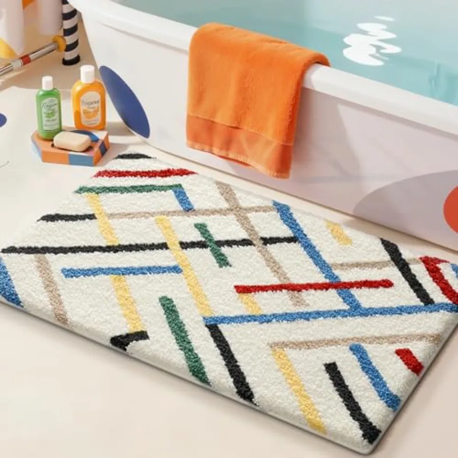 

Bathroom Rugs with Colorful Line Soft Absorbent Bath Mat for Modern Home Decor Non-Slip Quick-Dry Bath Rug Machine Washable Flo