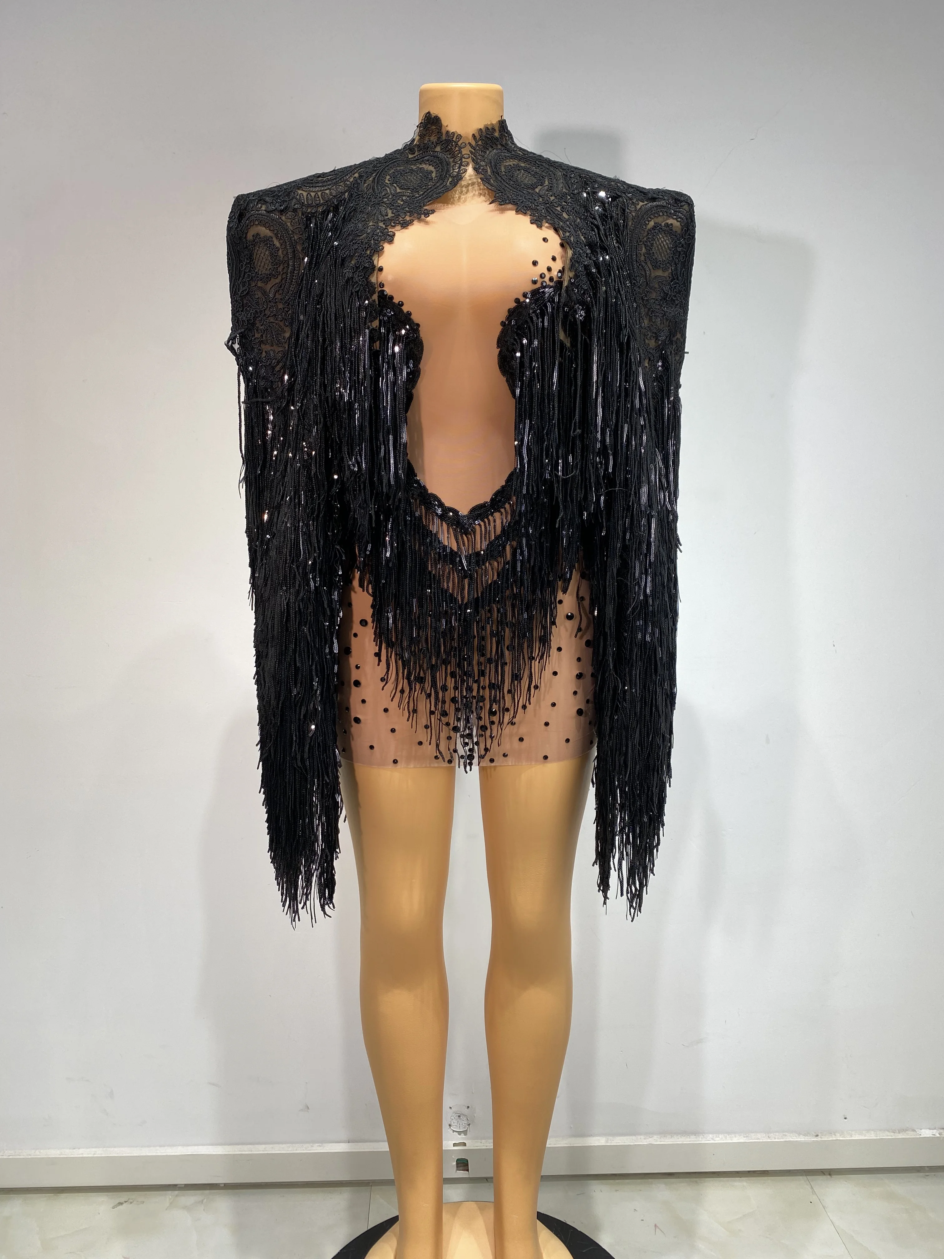 Strój showgirl, luksusowy strój na imprezę, błyszczące cyrkonie, cekiny, łańcuszek, mini sukienka, luksusowa damska seksowna prześwitująca sukienka z siateczki na imprezę koktajlową.