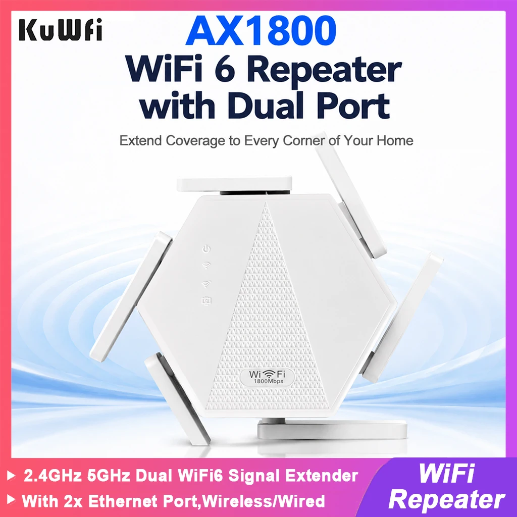KuWFi 1800Mbps Wireless WiFi Repeater 2.4GHz/5GHz Dual WiFi Amplifier Wifi Extender 802.11AX 6PCS Antennas 2x Gigabit LAN Port