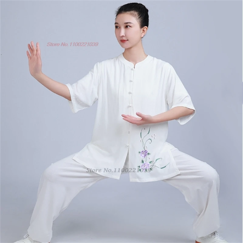 2024 seragam taichi wushu tradisional Cina, set seni bela diri katun linen bordir bunga latihan kungfu