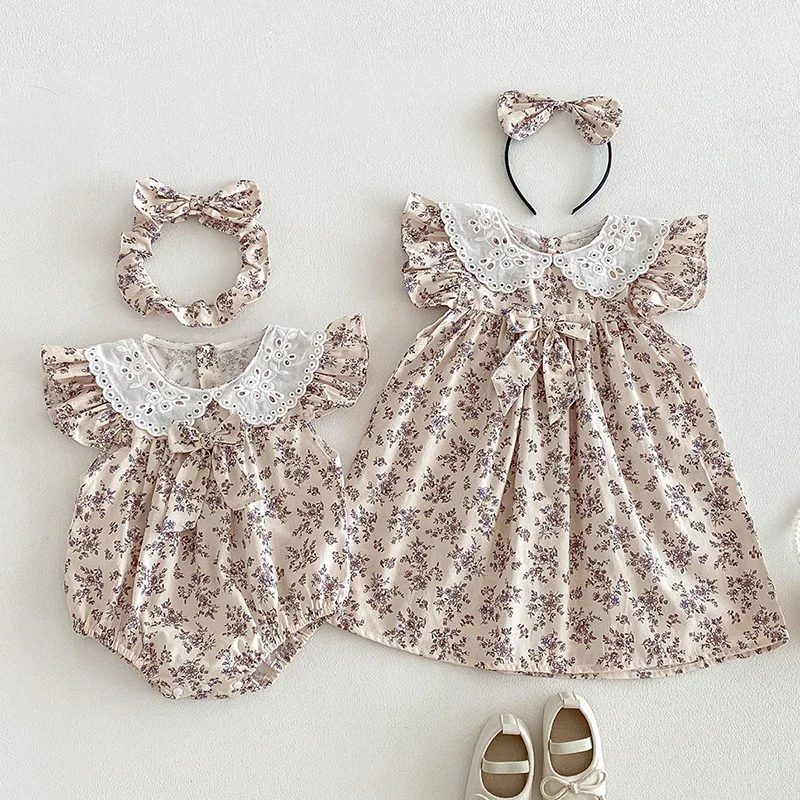 2026 New Summer 2-7Yrs Baby Girl Birthday Party Dress Flying Sleeve Cotton Print Romper Kids Princess Dresses Sister Clothing