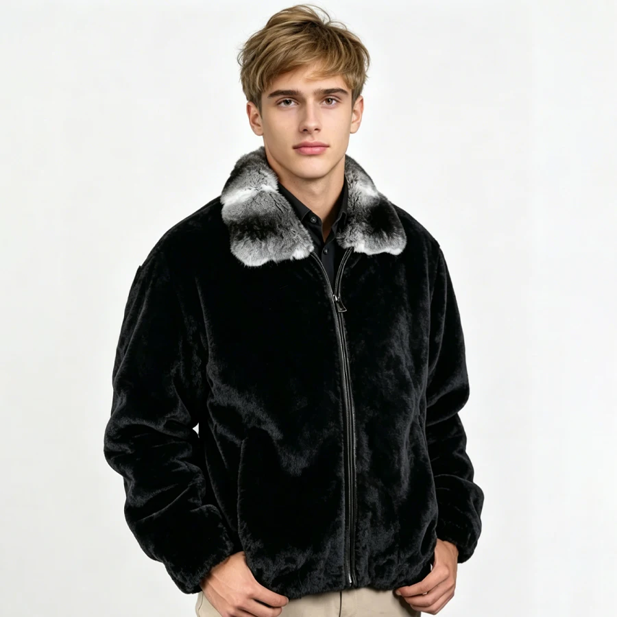 Man's Black Rabbit Fur Jacket With Chinchilla Collar Natural Fur Coat With Zipper Bomber Jacket Fashion Genuine Fur Outerwear