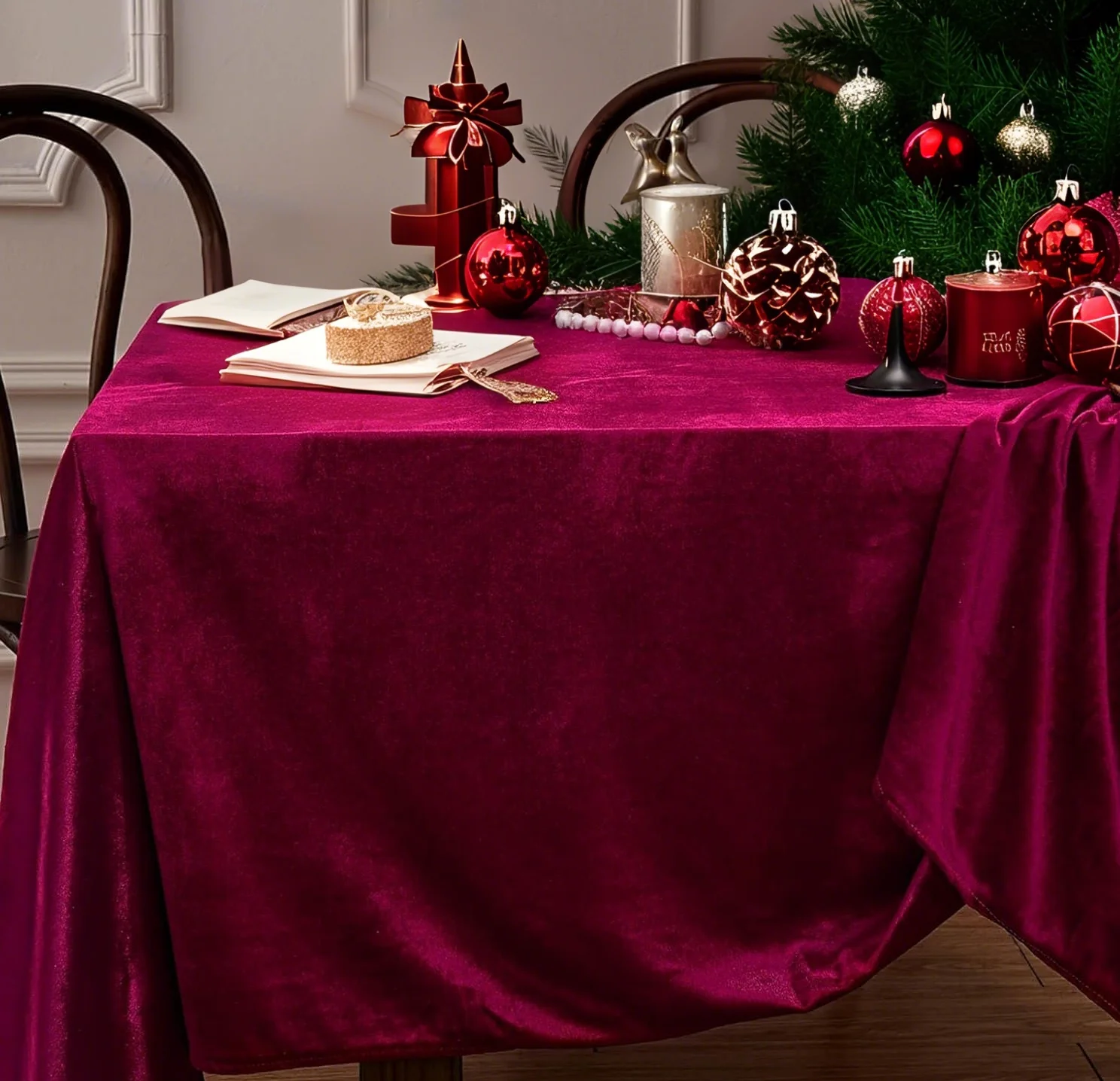 Mantel de terciopelo rojo, lujoso superposición de mesa Rectangular suave para mesa de pastel de Navidad, decoración de cena navideña, Borgoña