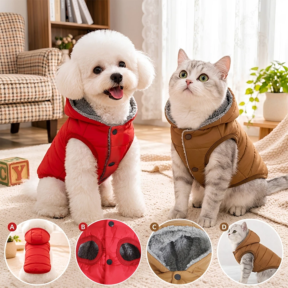 Winter Hooded Coat for Dogs Cats Thick Fleece Windproof Puppy Jacket Clothing with D-ring Solid Color Chihuahua Schnauzer Outfit