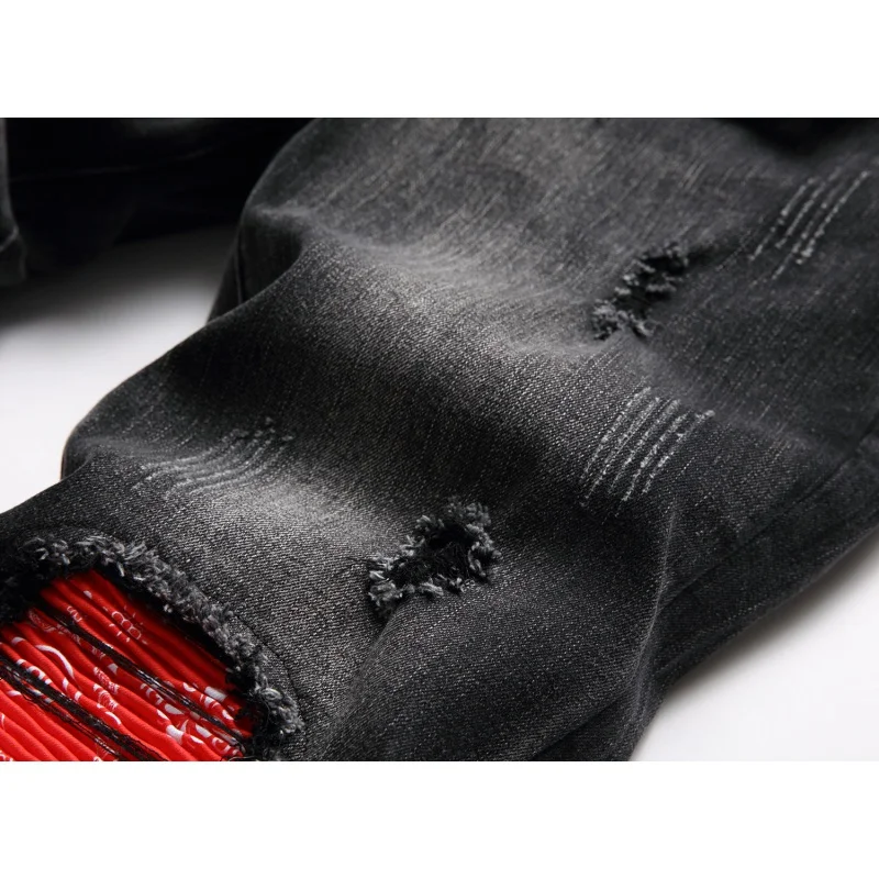 New Men'S Jeans Fashionable Designer Spliced Hole Patch With Diamond Straight Elastic Motorcycle Bike Casual Denim Pants