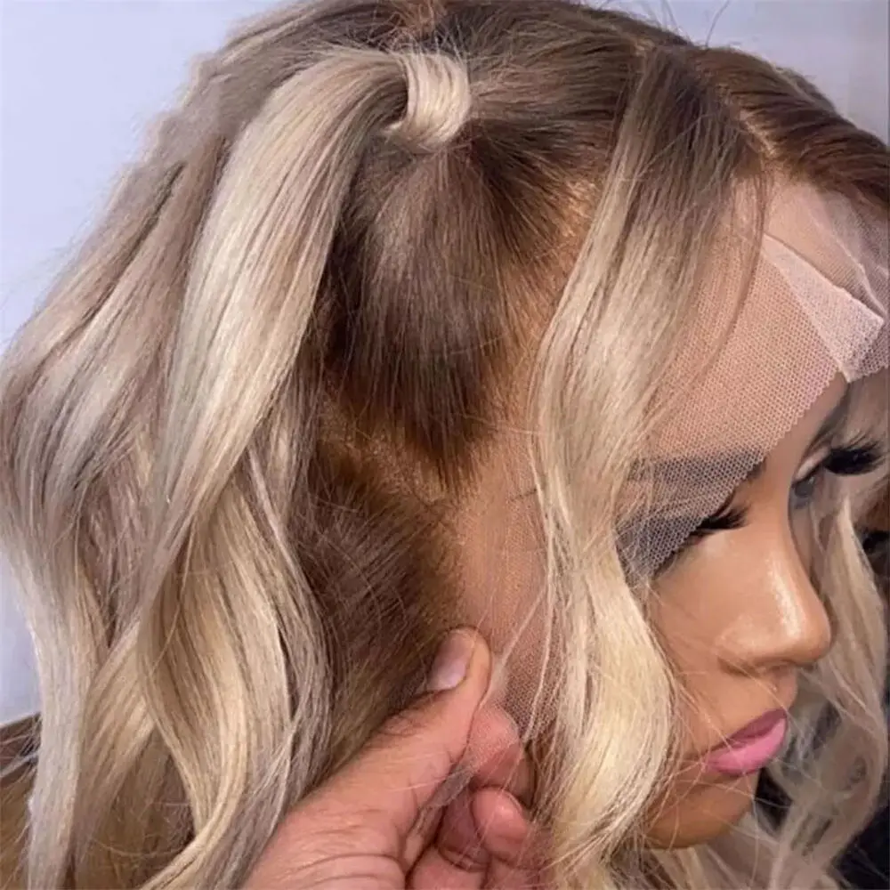 Peruca sintética com aparência realista, loiro mel, renda frontal, elástica, ombre, onda profunda, pré-selecionado, linha fina natural, fibra premium