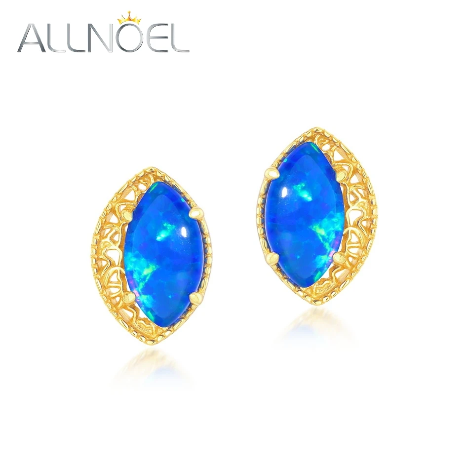 ALLNOEL Solid 925 Sterling Silver Stud Earrings for Women Synthetic Japanese Blue Opal Marquise Vintage Anniversary Gift Jewelry