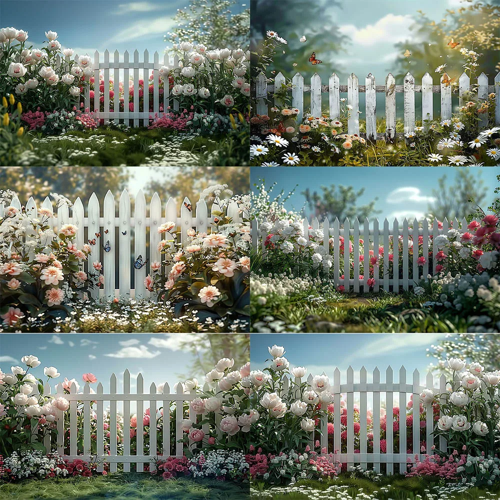 

Spring Garden Fence Floral Flowers Photography Background Natural Scenic Birthday Baby Portrait Wedding Celebration Backdrops