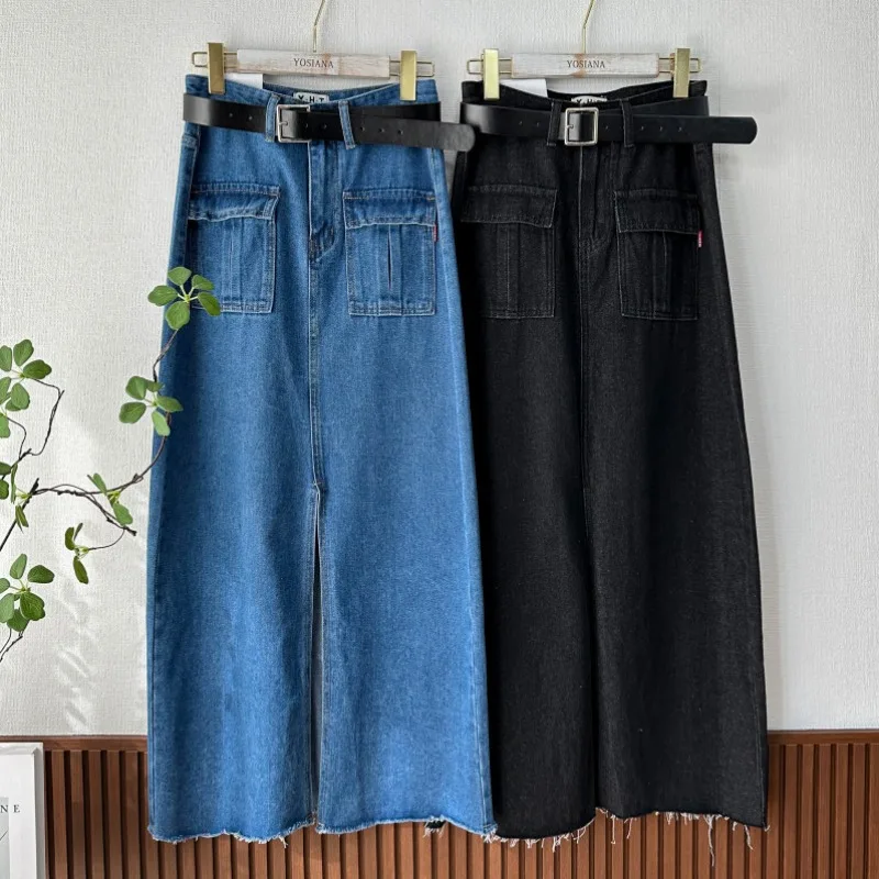 Retro High Waist A-Line Denim Skirt Women's Midi Skirt Front Slit Design Slimming Cotton Fabric Commute Sle Long Skirt