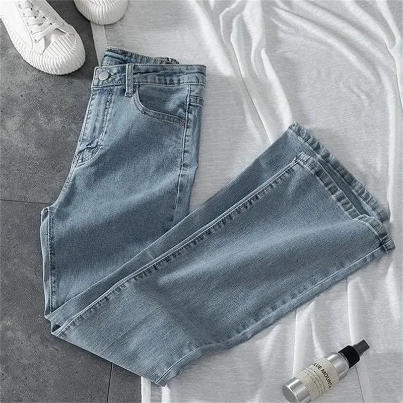 2024 Streetwear Stretch Jeans Women's Small Flare Pants Slim High Waist Casual Pants Light Blue Denim Straight Trousers 3 Length