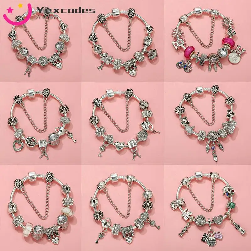 Yexcodes الفضة تصفيح 925 تألق الفضة اللون سحر المرأة سوار DIY بها بنفسك القلب قفل مفتاح الحب الأبجدية قلادة هدية عيد