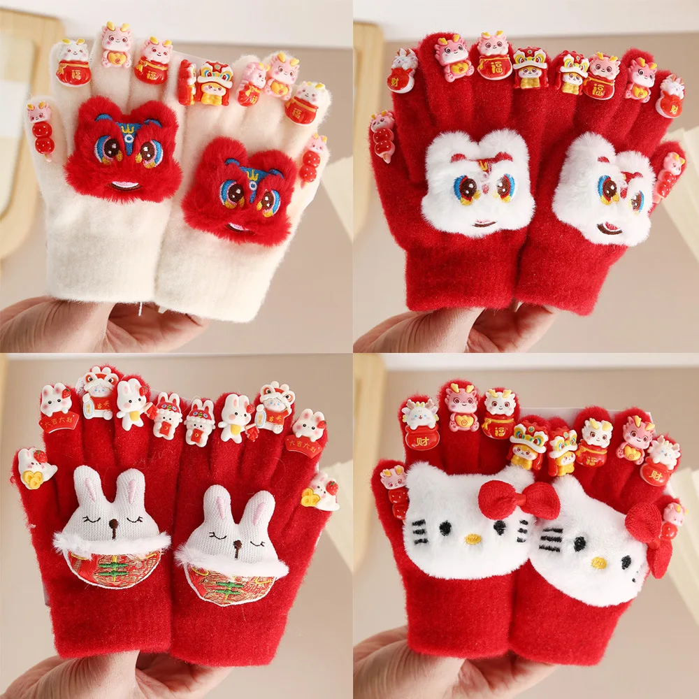 

1pcsgirls' gloves winter warm 2024 New Year's cartoon five fingers cold plus boys' fingers warm gloves