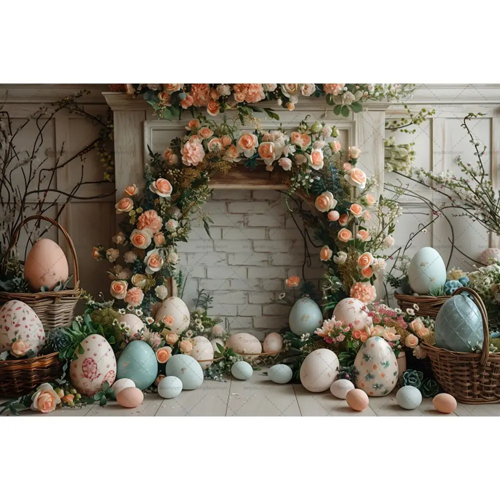 Spring Easter Photography Background Boho Flower Arch Door Bunny Colorful Eggs Rabbit Kids Birthday Decor Backdrop Photobooth