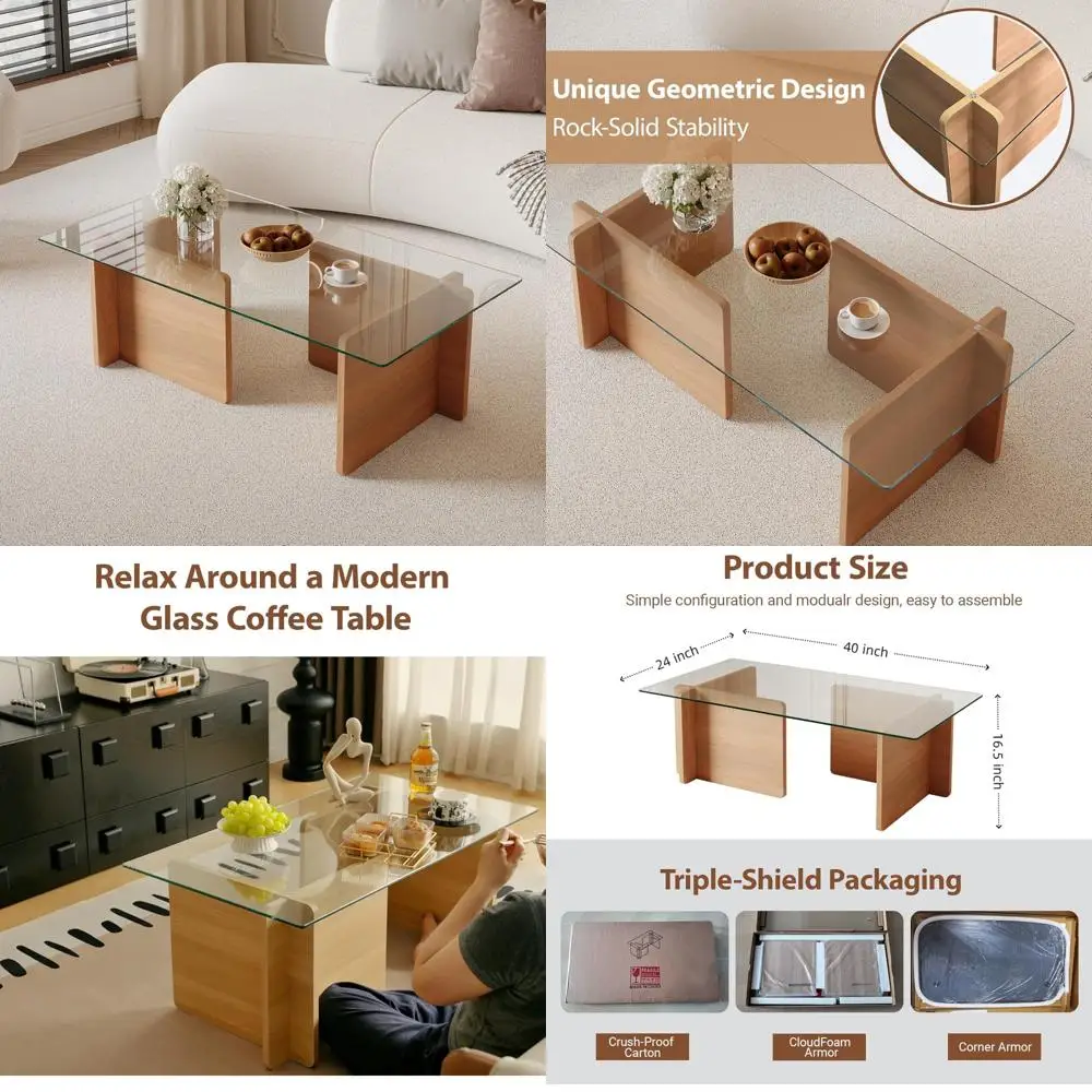 

Стильный прямоугольный журнальный столик из закаленного стекла с современной геометрической деревянной рамой