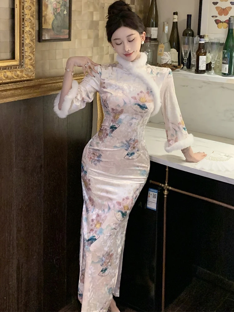 Robe longue en velours à fleurs, col Faux, élégante, coréenne, moulante, robe de bal, mode luxe, Festival, automne hiver 2025