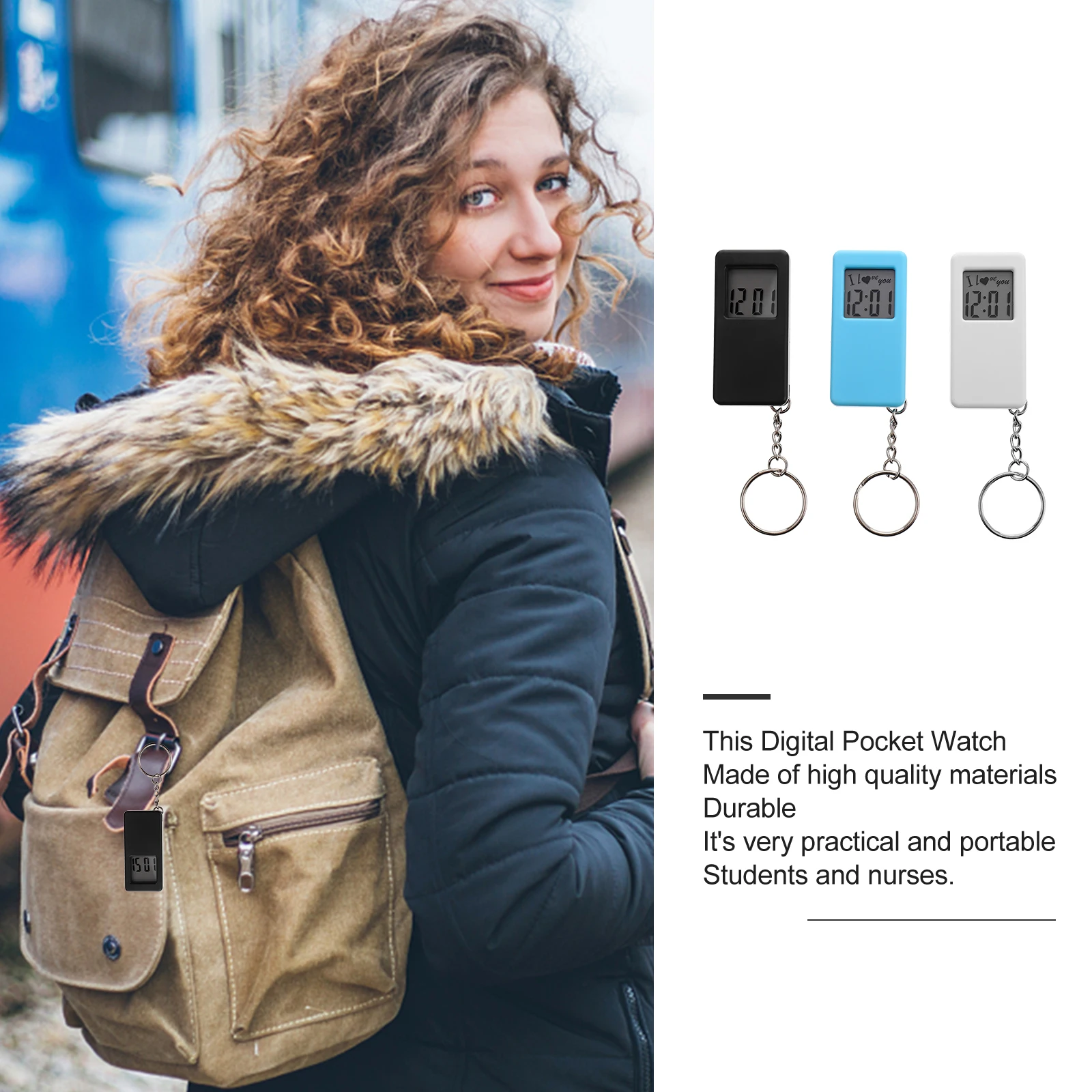 3 pezzi portachiavi orologio portatile appeso infermiera studente orologi elettronici di piccole dimensioni lunga durata