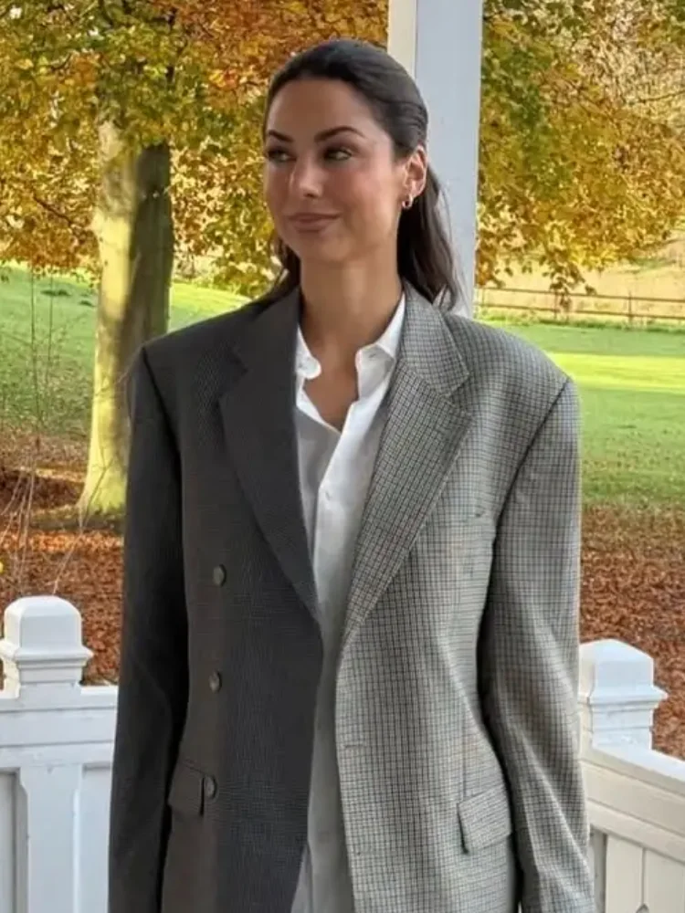 

Two-color Patchwork Suit Jacket Women Fashion Lapel Long-sleeved Single Breasted Loose Cropped Coat Lady Commute Street Jackets