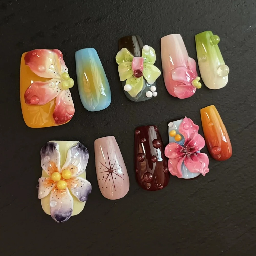 10Pcs Luxury 3D Flowers Press On Nails Short Coffin Design Acrylic False Nails ABS Artificial Fake Nails DIY Manicure with Set