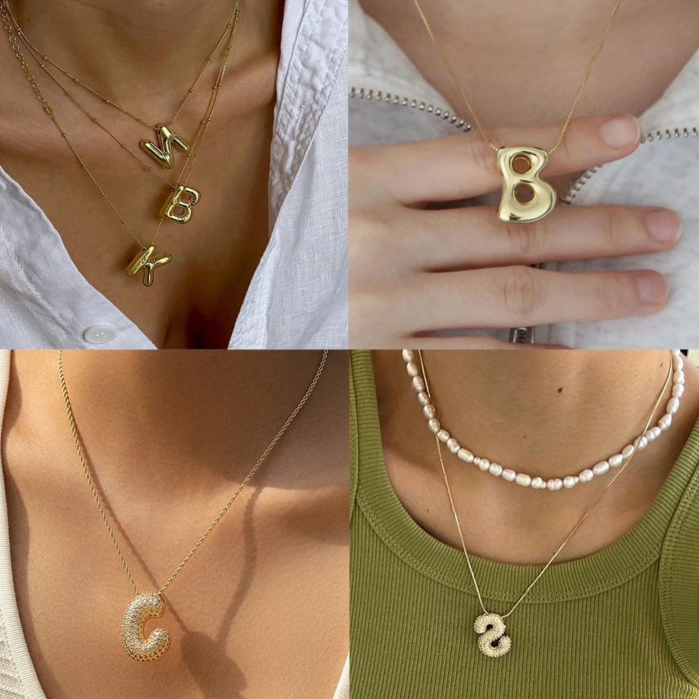 Chunky Balloon Letter Pendant Necklace Gold Plated Stainless Steel Alphabet Bubble Initial Necklace Cubic Zircon Jewelry Gifts