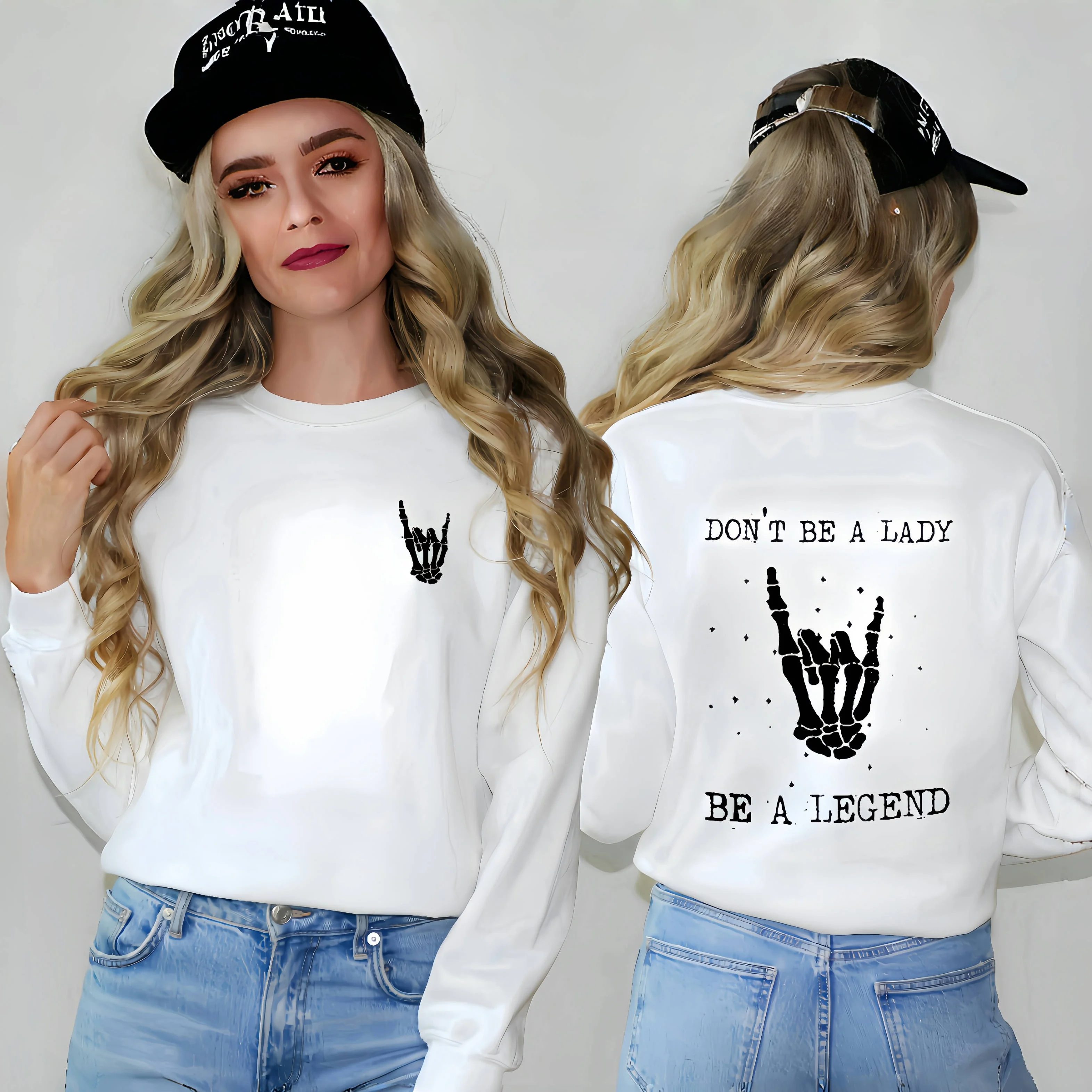 Harajuku Y2k Skull Print Sweatshirt Women Dont Be a Lady Letter Double Sided Fashion Vintage Pullover Spring Streetwear