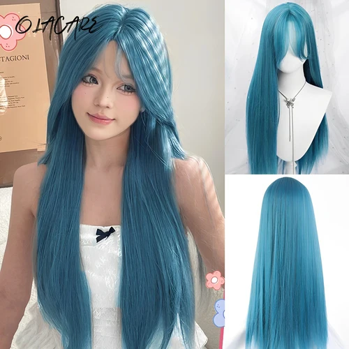 Pelucas sintéticas largas y sedosas con flequillo, pelucas de pelo de Lolita para fiesta de Cosplay azul y verde para mujer, peluca Natural resistente al calor
