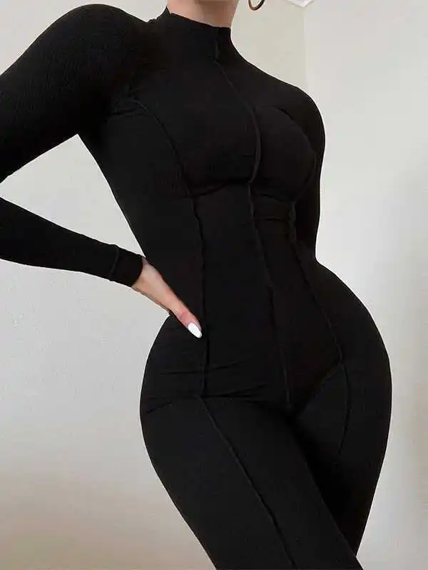بدلة نسائية بخصر مرتفع وأكمام طويلة، تصميم أنيق بلون واحد، نمط الشارع، قطعة واحدة مع بنطلون طويل، مصنوعة من نسيج البوليستر