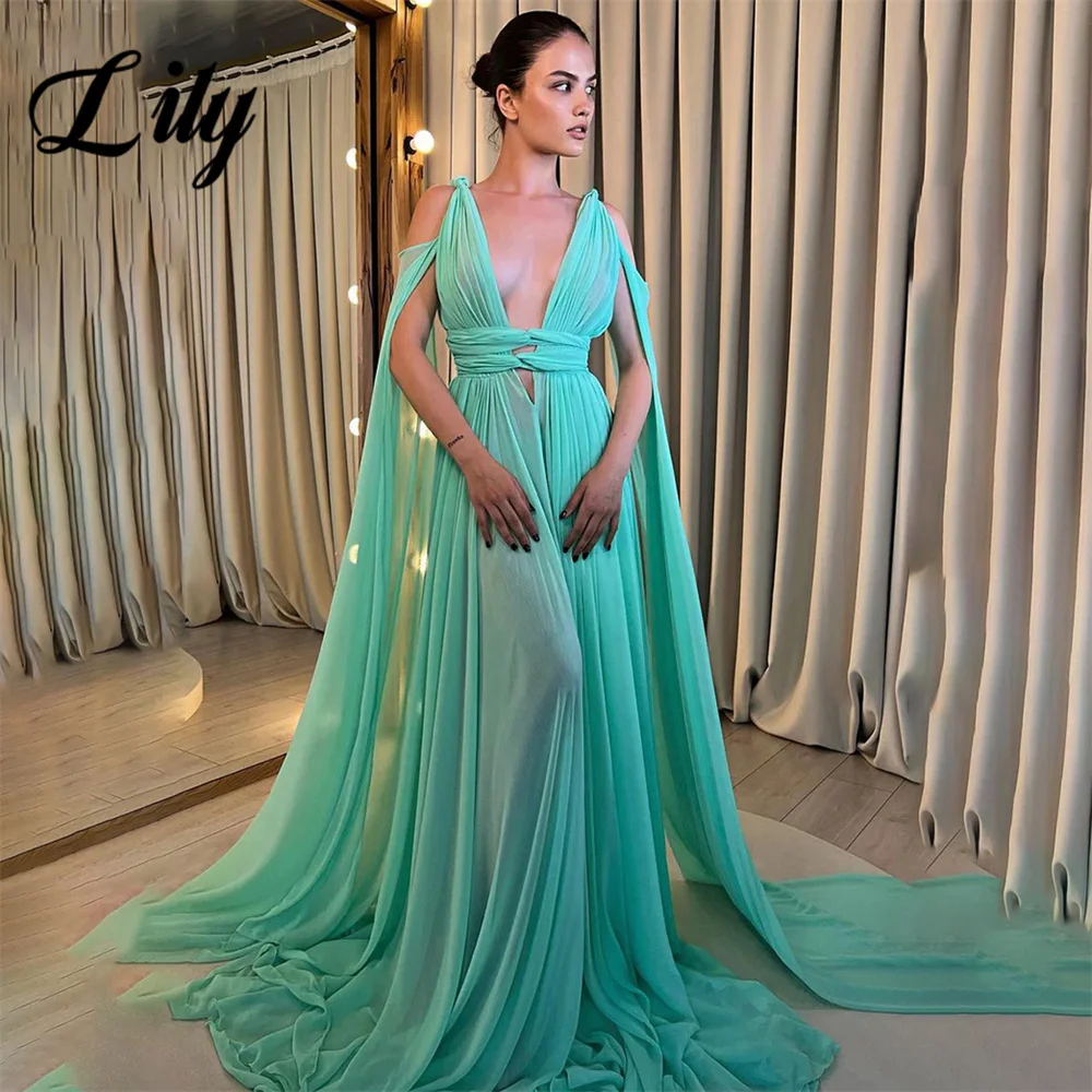 

Lily Mint Green Evening Dresses V-Neck Charming Prom Dress A-Line Pleats Satin Party Dress with shawl Custom vestidos de noche