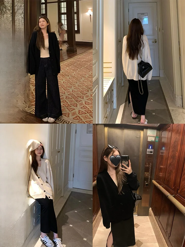 

Laid-ba женский открытый кардиган-свитер, свободный вязаный топ с v-образным вырезом, длинный светящийся цвет, осенняя мода 2024