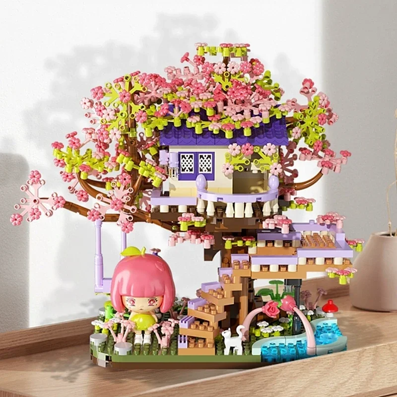 

Sakura Tree House Building Blocks Villa Wooden House Small Particles Street Scene Assembly Model Ornaments Toy Collection Gift