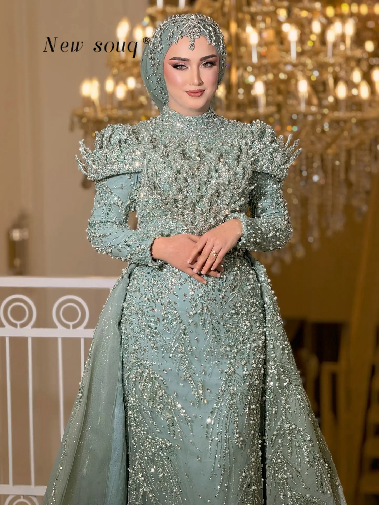 

Sage Green Two Piece Set Long Sleevs Muslim Evening Dresses Middle East Sparkle Beaded Prom Gowns for Weddings Customized 2026