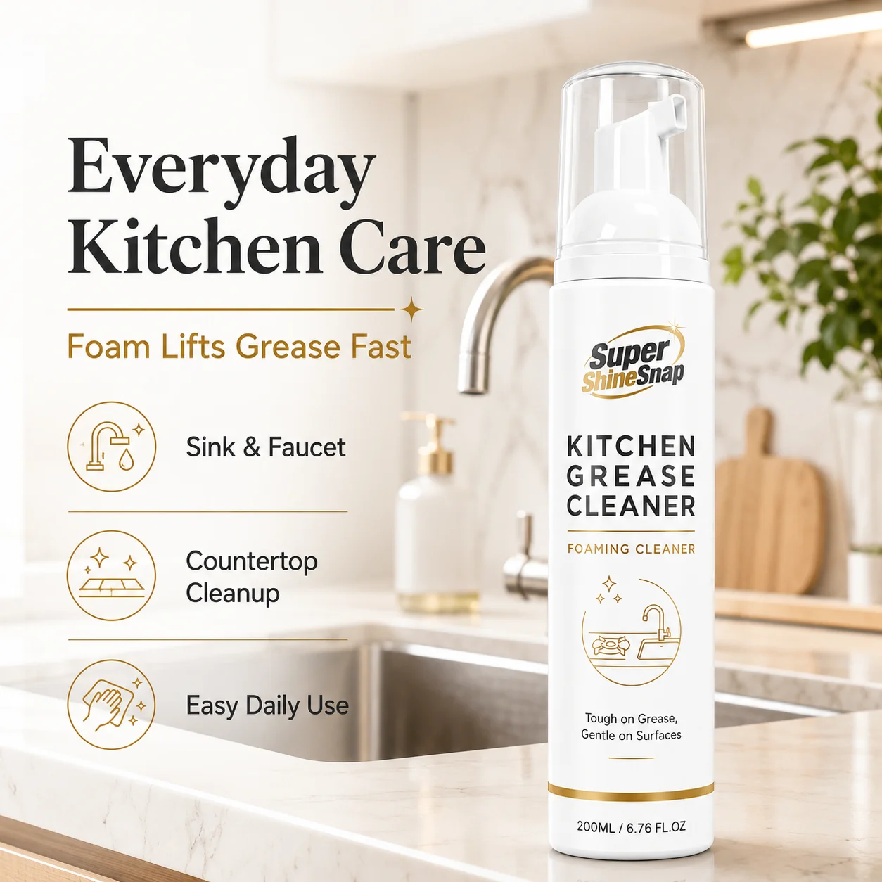 100ml Premium Kitchen Grease Foaming Cleaner, Multi-Purpose Easy-Wipe Foam for Stovetops, Range Hoods, Sinks and Countertops, Helps Remove Everyday Grease and Food Residue, Fresh Clean Scent