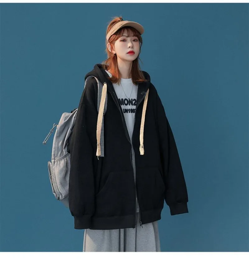 Autumn Winter Fleece Sweatshirt Hooded Cardigan Jacket Solid Oversized Hoodies Women Zipper Coat Sportswear Y2k Clothes Korean