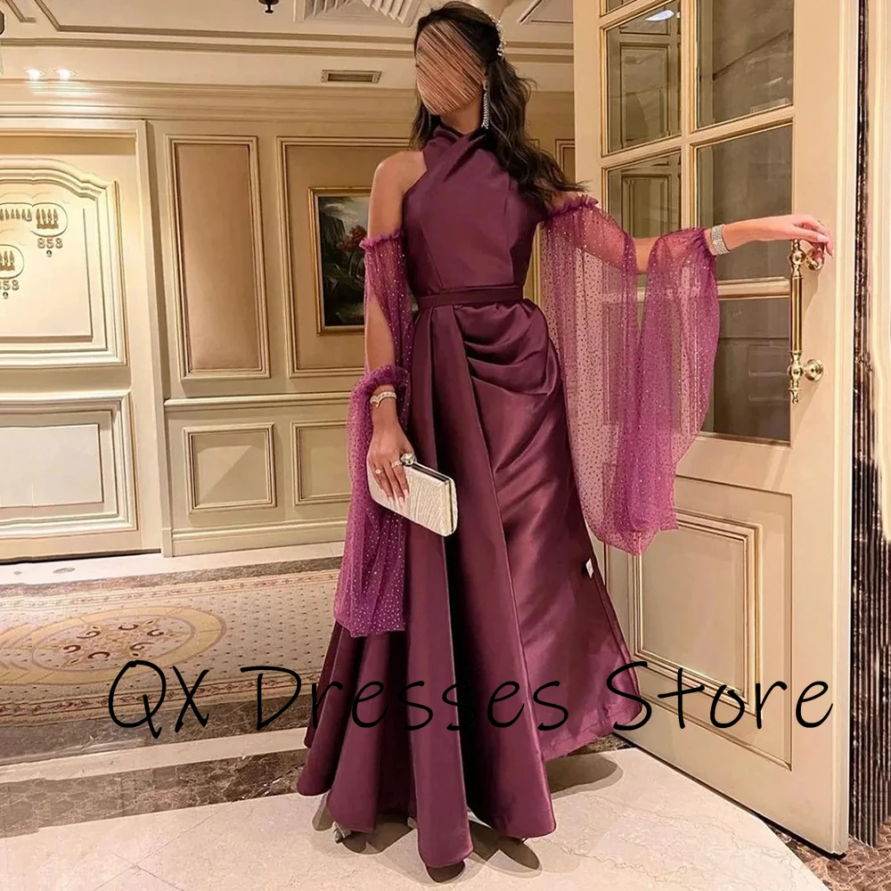 Customized Yipeisha Simple High neck Purple Formal Evening Dress Draped With sleeveless Pleate A-line Satin Ankle Length Prom Pa