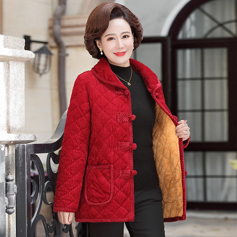 Casual Plus Velvet Thicken Coat Women  Middle Aged Mother Winter Jacket Cotton Padded Grandma Parkas  plus size women clothing