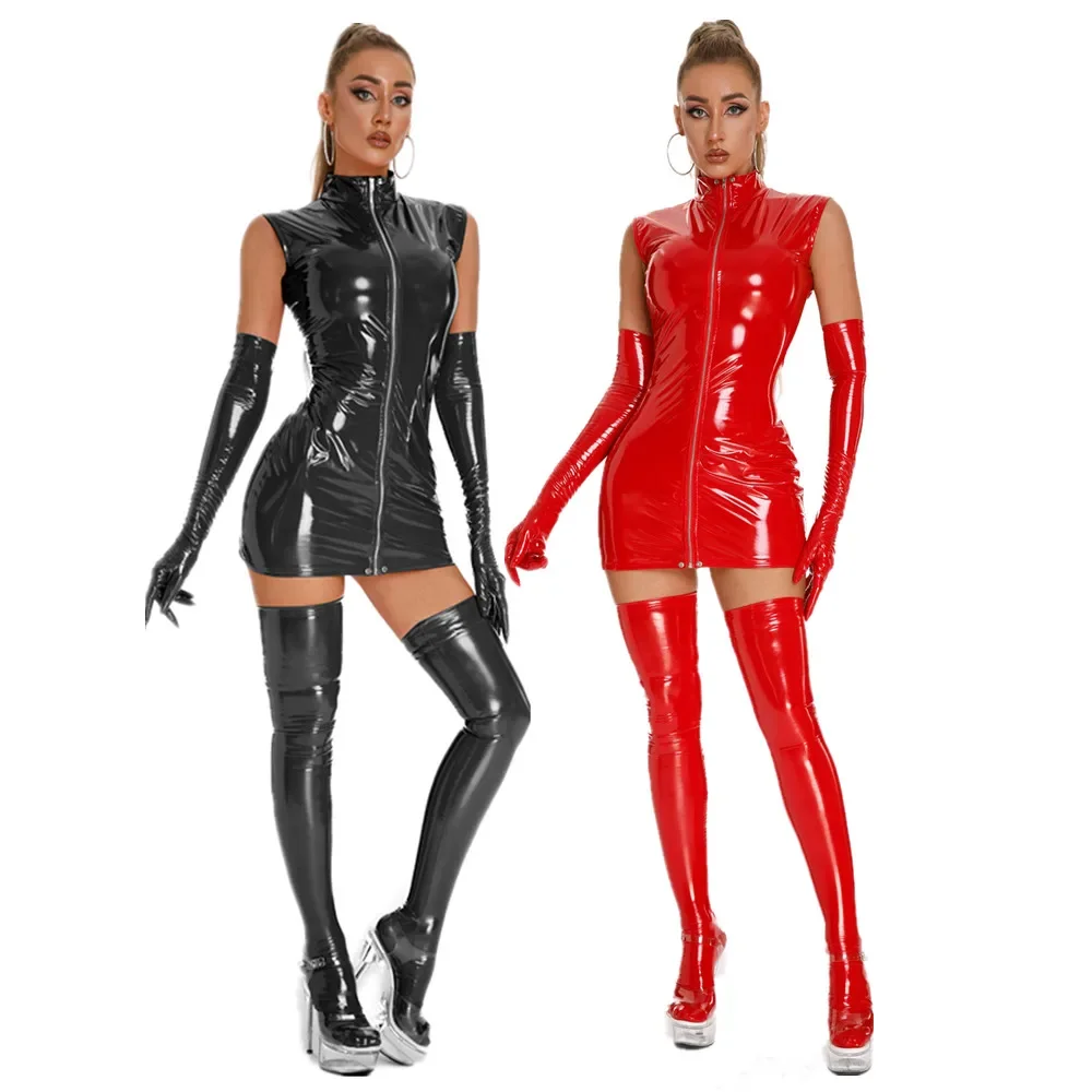 

Sexy Women Wet Look PU Faux Leather Mini Dress Nightclub Shiny Sleeveless Turtleneck Front Zipper Skinny Dress