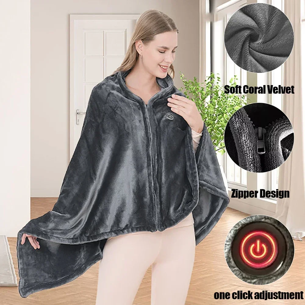 Wearable Heating Electric Blanket Shawl 5V USB Charging 3 Heated Level Throw Blanket Coral Velvet 8 Heated Areas Fast Heating