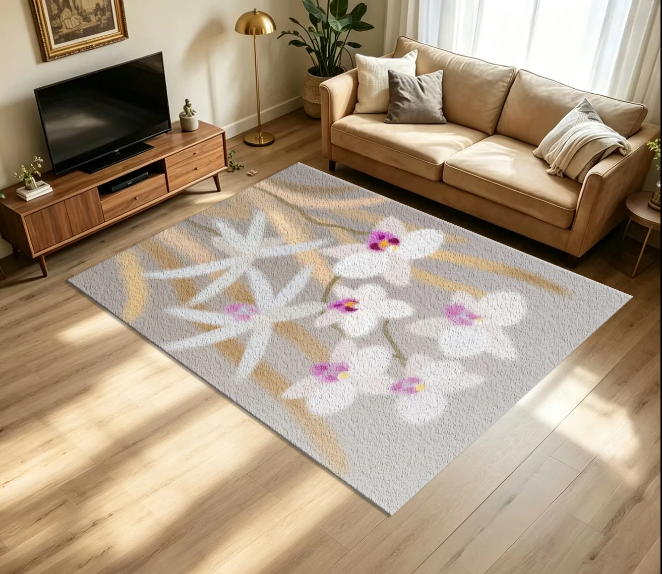 Soft Oil Painting Orchid Flower Carpet Flooring Gentle White Purple Phalaenopsis Floral Brush Stroke Art Printed Floor Rug for Household Indoor Warm Home Decor