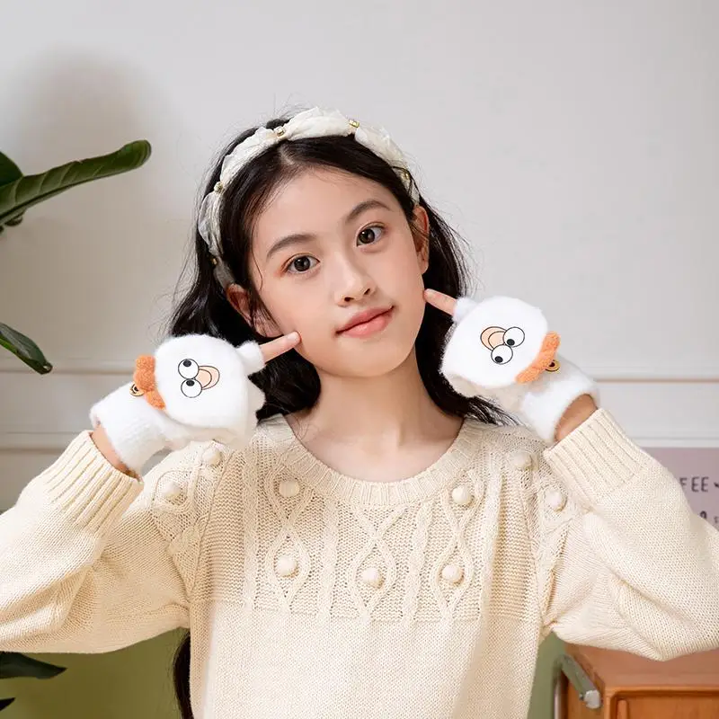 Cute Bear Winter Kids Gloves Half-Finger Flip Typing Writing Warm Student Gloves Soft Fluffy Dual-purpose