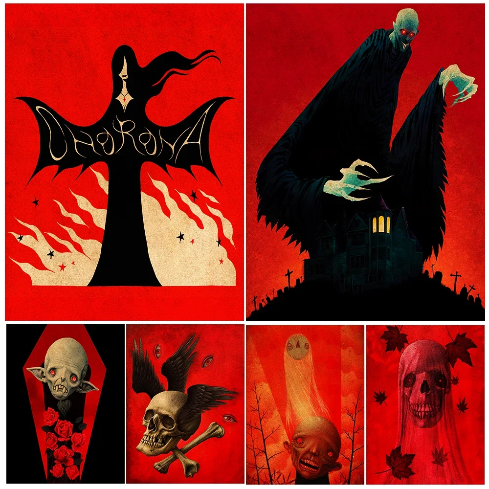 Dracula Vampire Abstract Wall Art Canvas Painting Horror Skeleton And Vampire Rose Mysterious Pagan Witchcraft Art Poster Print