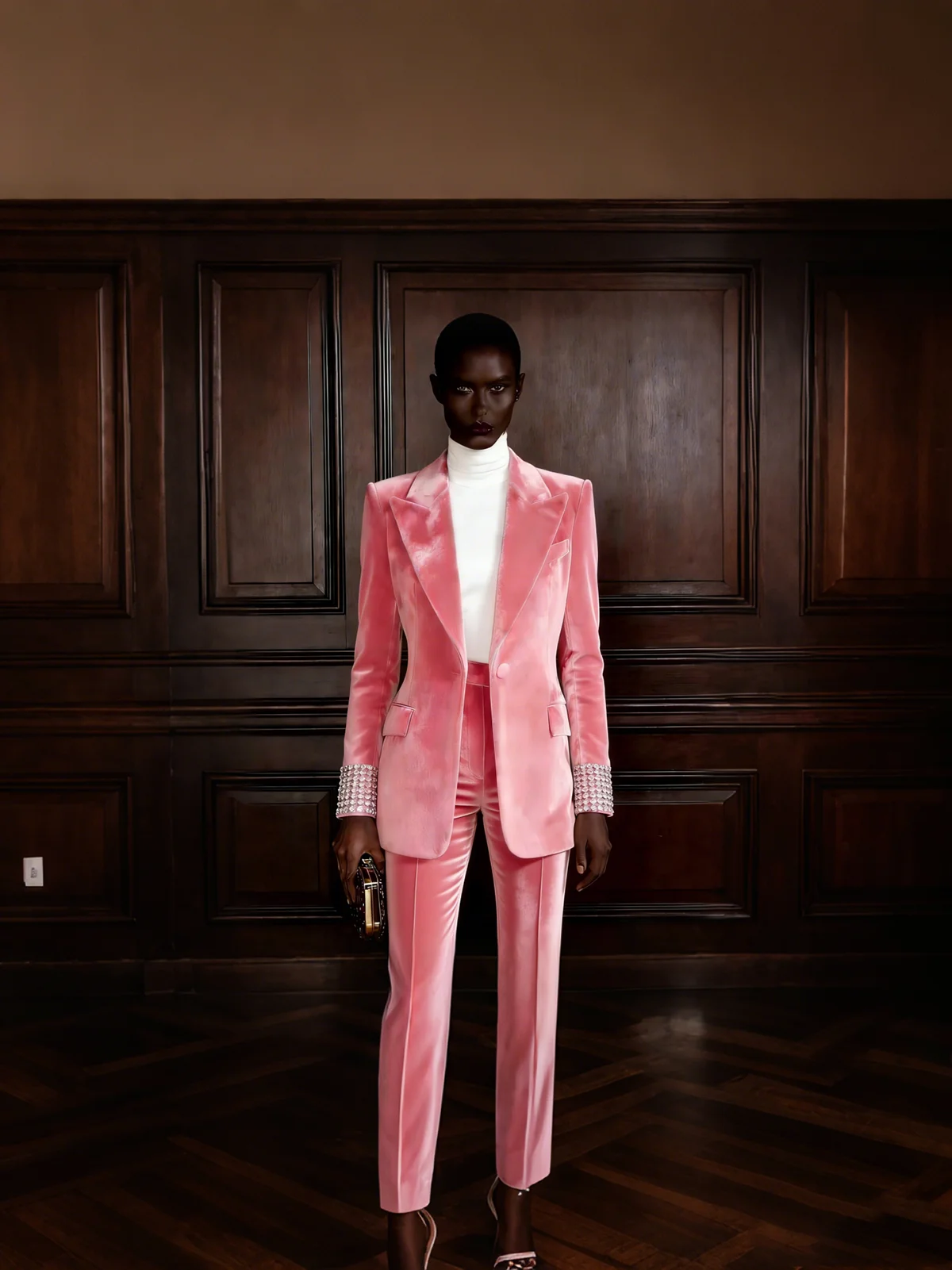 Pink Velvet Beaded Cuff Women Pants Suits Slim Fit Blazer Straight Pants Customized Winter Lady Wear Formal Evening Party Outfit