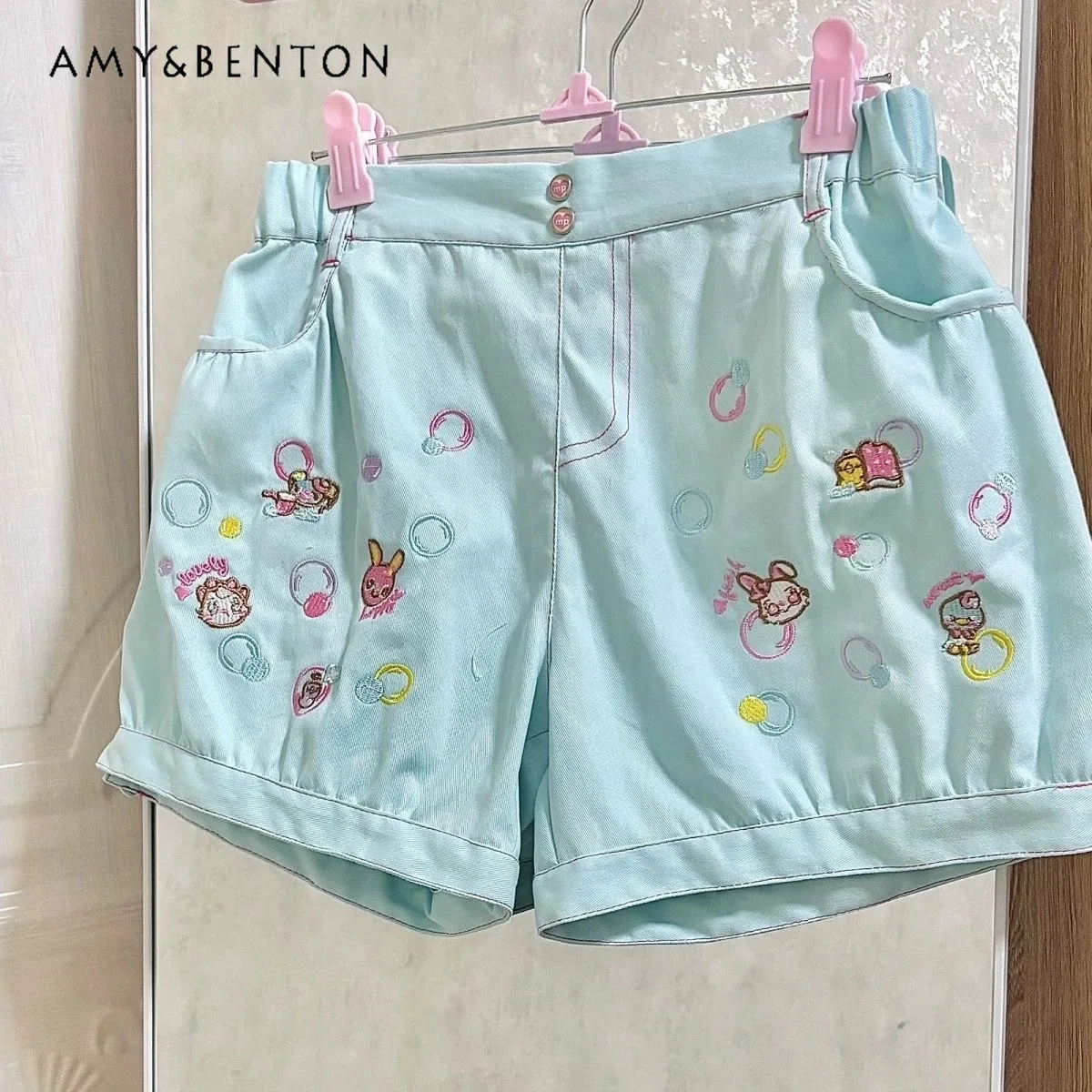 

Japanese Kawaii Cartoon Embroidery High Waist Slimming Shorts Women Summer New Sweet Cute Lolita Puffy Shorts Loose Casual Pants