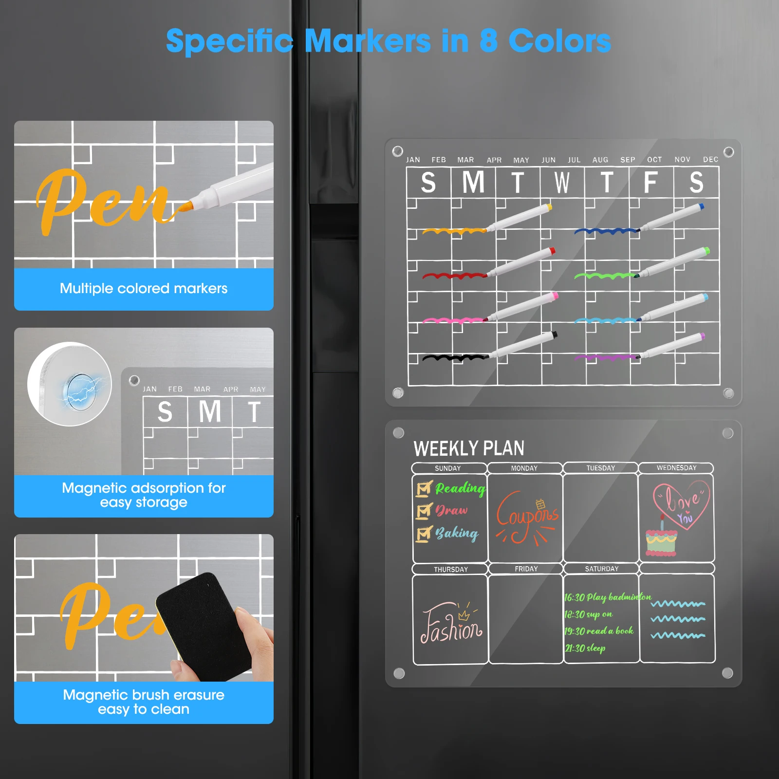 2 Pcs Magnetic Acrylic Calendar Clear Dry Erase Board For Refrigerator Reusable Monthly Weekly Planner Includes 6 Colors Markers