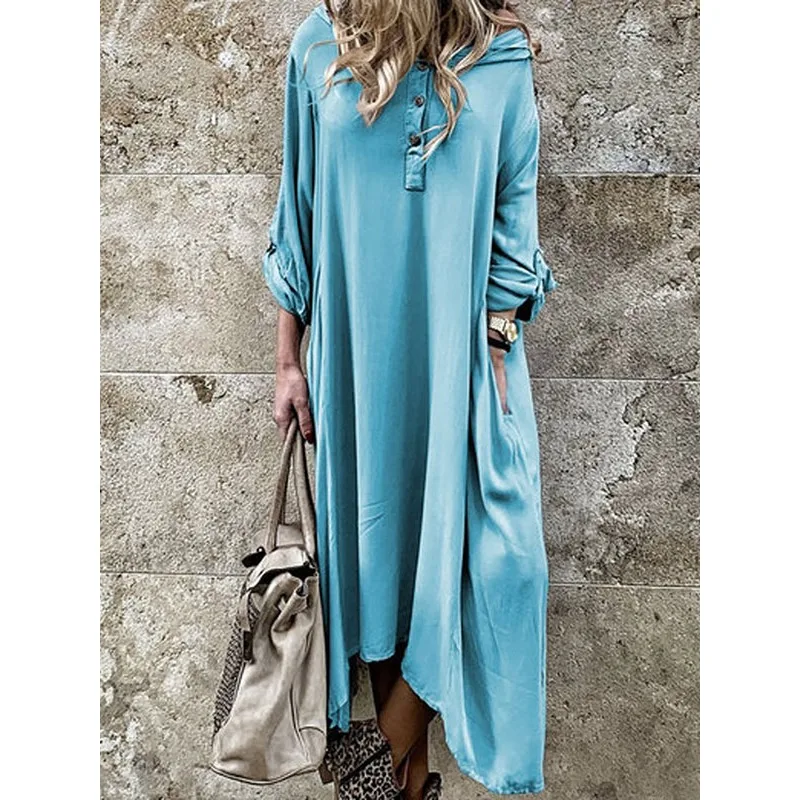 T (22) Abiti da donna irregolari stile bohemien 2025 Abito camicia pigro di grandi dimensioni con cappuccio tinta unita taglie forti 74834