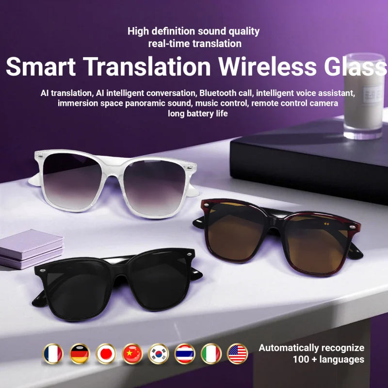 AI Translation Bluetooth Glasses with 100+ Languages Real Time Smart Audio Sunglasses for Travel Business Wireless Headphones